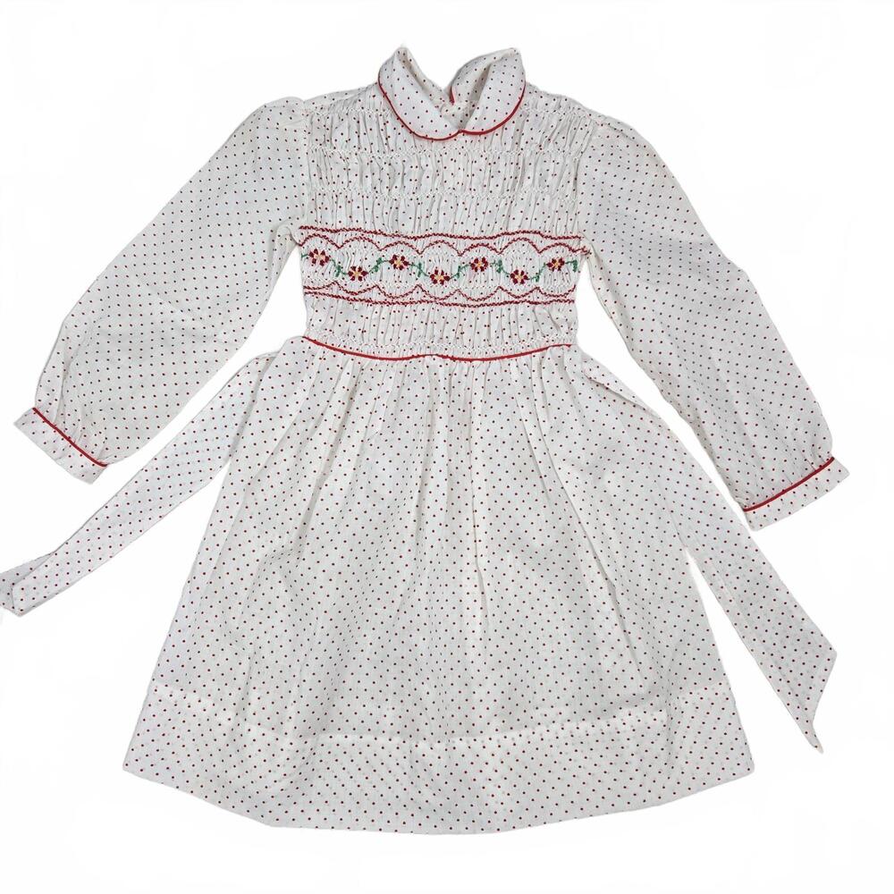 Vintage Polly Flinders Girls 6X Dress White Red Smocked Flower Embroidery Tie